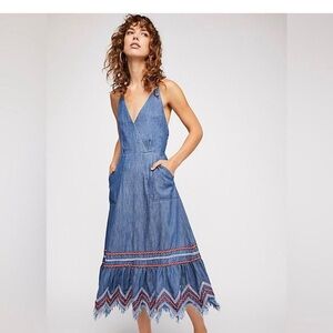 Free People denim midi dress with embroidery on the hem small